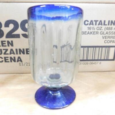 1 Box Commercial Grade Hand Blown Style Pedestal Drinking Glasses Blue Accents 1 Dozen Choice A (#36)