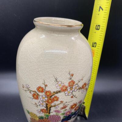 Vintage Japanese Porcelain Vase Rooster Chicken Flowers Crackled Glaze - 6.5â€ high x 3â€ wide approx