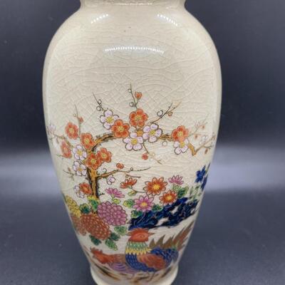 Vintage Japanese Porcelain Vase Rooster Chicken Flowers Crackled Glaze - 6.5â€ high x 3â€ wide approx