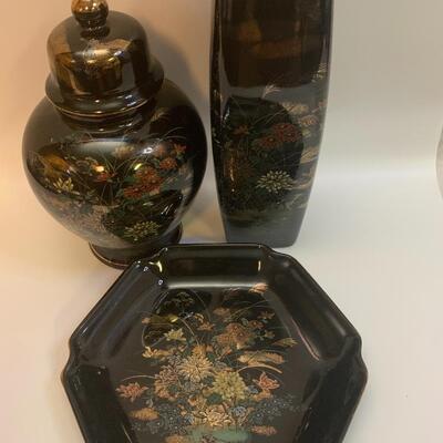 3 Japanese china pieces - VINTAGE SATO GARDEN Candy Plate, Ginger Jar with Lid and Vase - 7â€ plate 9.5â€ tall vase 7.5â€ tall jar approx