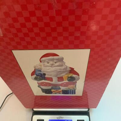 Earthenware Christmas Village Santa Cookie Jar - 10.5â€ tall x 8â€ wide x 8â€ deep approx