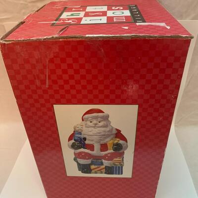 Earthenware Christmas Village Santa Cookie Jar - 10.5â€ tall x 8â€ wide x 8â€ deep approx