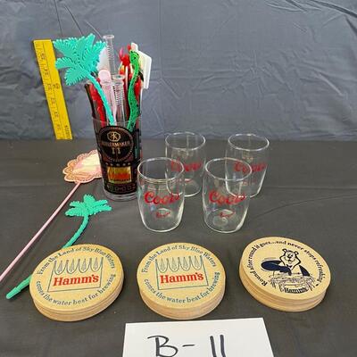 Boilermaker glass/swivel sticks/4 coorâ€™s glasses/Hammâ€™s beer coasters