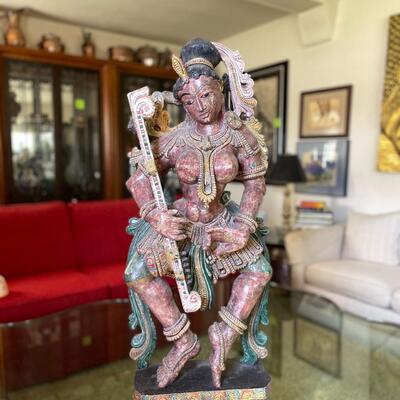 LOT 6  CARVED & PAINTED INDIAN GODDESS APSARA