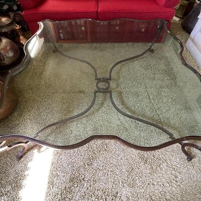 LOT 8  KREISS MONTEREY WROUGHT IRON GLASS TOP COFFEE TABLE 5' SQUARE!