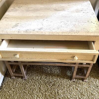 LOT 9   VINTAGE WOOD METAL TRAVERTINE SIDE TABLE