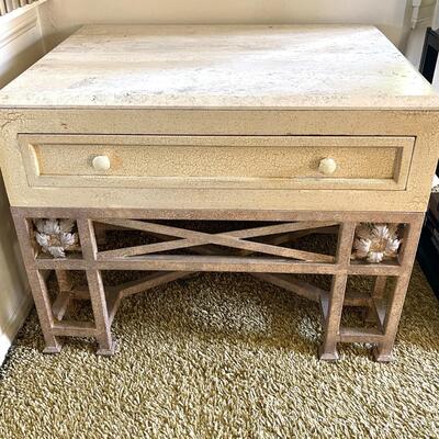 LOT 9   VINTAGE WOOD METAL TRAVERTINE SIDE TABLE