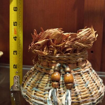 Vintage Native American Basket woven with yarn and copper detailing