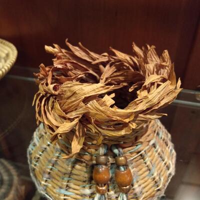 Vintage Native American Basket woven with yarn and copper detailing