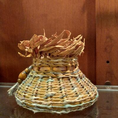 Vintage Native American Basket woven with yarn and copper detailing