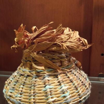 Vintage Native American Basket woven with yarn and copper detailing