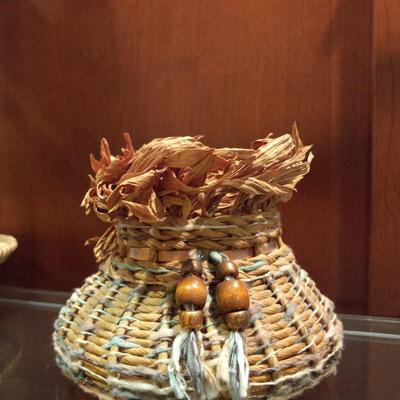 Vintage Native American Basket woven with yarn and copper detailing