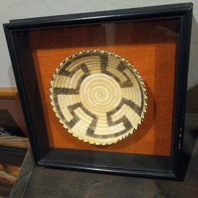 Framed Pima Native American Indian Basket Tray with Whirling Design