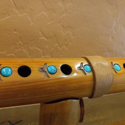 High Spirits Wood Flute with Turquoise and carved detailing, wood stand and instructional CD