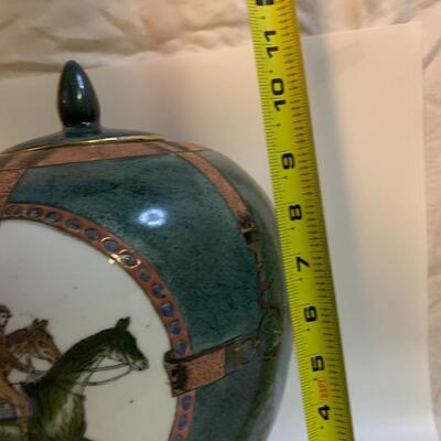 Equestrian Chinese Porcelain Ginger Jar or Vase With Wood Stand - 12â€ high x 8â€ wide approx