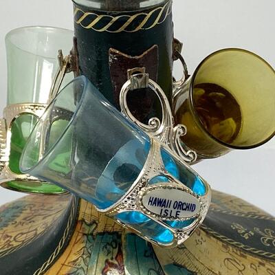 Vintage Old World Map Decanter with Stopper, Two Small Decanters, and Three Shot Glasses