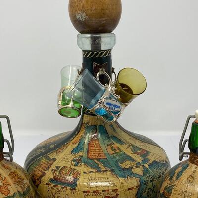 Vintage Old World Map Decanter with Stopper, Two Small Decanters, and Three Shot Glasses