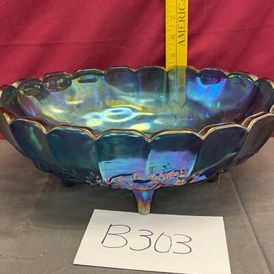 Blue carnival glass fruit bowl