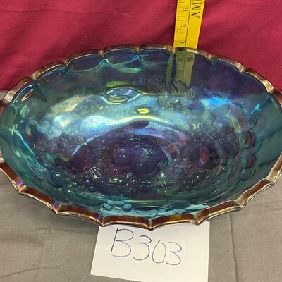 Blue carnival glass fruit bowl