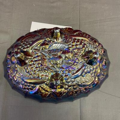 Blue carnival glass fruit bowl