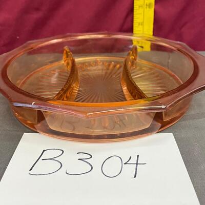 Pink depression glass, divider snack tray