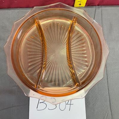 Pink depression glass, divider snack tray