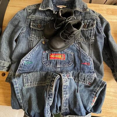 Timberland boots, Gymboree overalls, jeans jacket