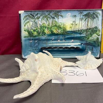 Flamingo ashtray and seashells