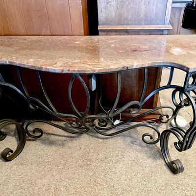 LOT 12   ORNATE IRON & ROSE MARBLE CONSOLE TABLE