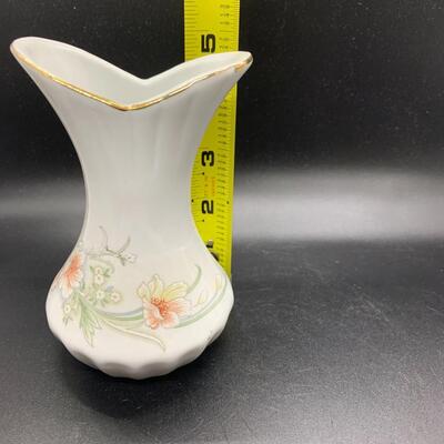 Vintage Flared & Fluted White Porcelain Vase With Lilies & Vintage Heart Shaped Porcelain Trinket Box White with Purple Flowers...