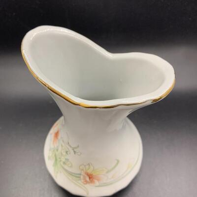 Vintage Flared & Fluted White Porcelain Vase With Lilies & Vintage Heart Shaped Porcelain Trinket Box White with Purple Flowers...