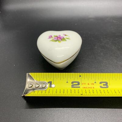 Vintage Flared & Fluted White Porcelain Vase With Lilies & Vintage Heart Shaped Porcelain Trinket Box White with Purple Flowers...