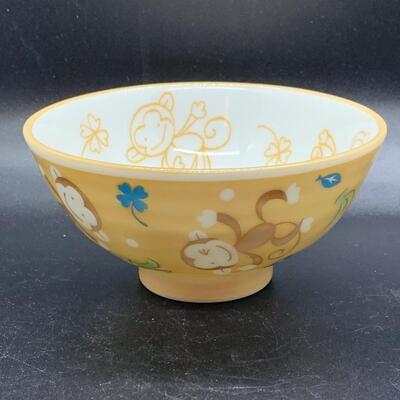 2 SCHEN MADE IN JAPAN PORCELAIN CHILDS RICE BOWLS MONKEY Fun - 4â€ diameter x 2â€ high approx