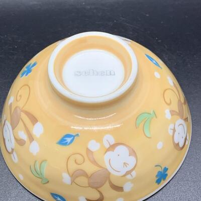 2 SCHEN MADE IN JAPAN PORCELAIN CHILDS RICE BOWLS MONKEY Fun - 4â€ diameter x 2â€ high approx