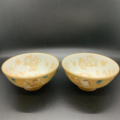 2 SCHEN MADE IN JAPAN PORCELAIN CHILDS RICE BOWLS MONKEY Fun - 4â€ diameter x 2â€ high approx