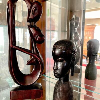 LOT 27  AFRICAN WOOD SCULPTURES MALE/FEMALE & EBONY HEAD