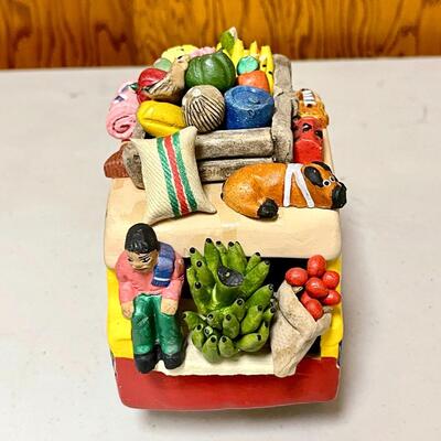 LOT 30  FOLK ART CLAY BUS LOADED W/FRUITS & VEGETABLES MARKET DAY CARTAGENA COLOMBIA