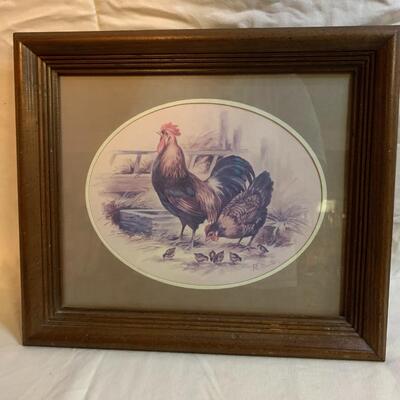 Vintage Rooster/Hen/Chicks Picture 14.5â€ wide x 12.5â€ high approx