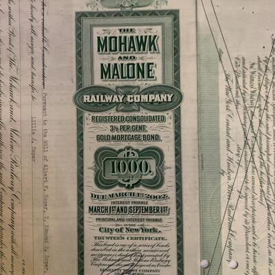 Vintage BOND: THE MOHAWK AND MALONE RAILWAY COMPANY $1000 GOLD BOND 14â€ long x 10â€ wide approx
