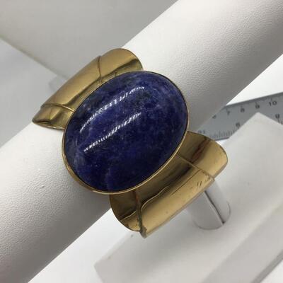 Vintage Signed Florelle Brass and Blue Stone Cuff