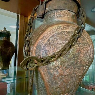 LOT 31   MIDDLE EASTERN HANGING COPPER VESSEL INTRICATE DESIGN