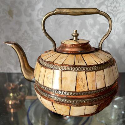 LOT 33  COPPER/BRASS/CAMEL BONE TEA POT SAUDI ARABIA