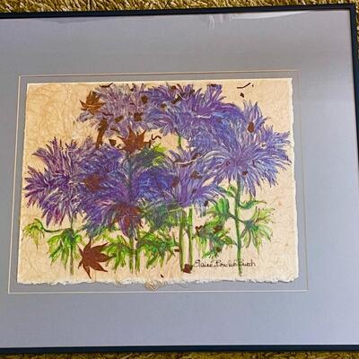 LOT 35  FRAMED GOUACHE "BLUE FLOWERS" SIGNED ELAINE BOUCHER BURCH (TAYLOR)