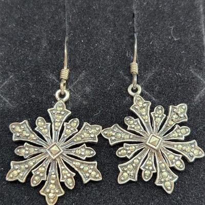 LOT 5RP: Vintage Sterling Suspicion Macasite Snowflake Earrings