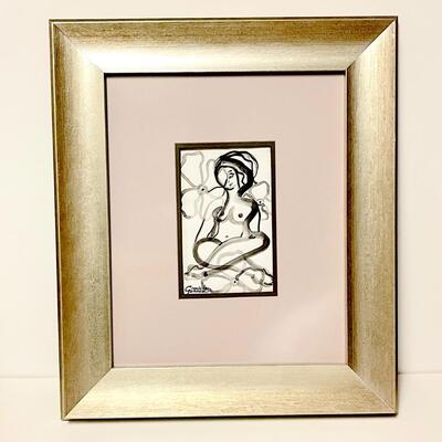 LOT 40  FRAMED INK & BRUSH ARTWORK SEATED NUDE SIGNED GRACIELA GOMEZ COLOMBIA S.A.