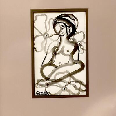 LOT 40  FRAMED INK & BRUSH ARTWORK SEATED NUDE SIGNED GRACIELA GOMEZ COLOMBIA S.A.
