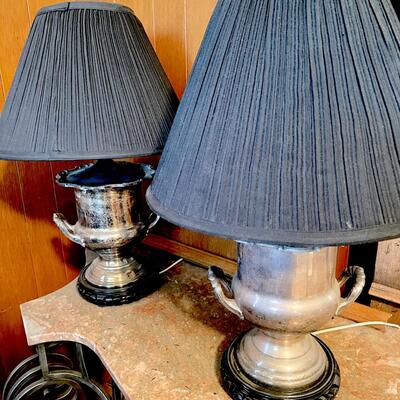 LOT 44  PAIR OF TABLE LAMPS SILVER PLATE CHAMPAGNE BUCKET BASES