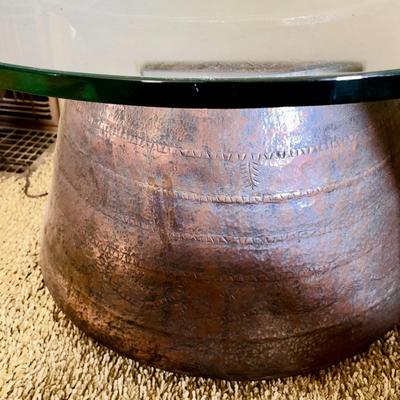 LOT 46  EXTRA LARGE 2 COPPER KETTLES USED AS TABLE BASES - ROUND GLASS TOP 3/4" THICK