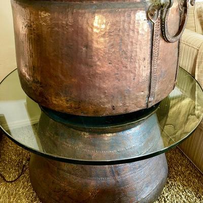 LOT 46  EXTRA LARGE 2 COPPER KETTLES USED AS TABLE BASES - ROUND GLASS TOP 3/4" THICK