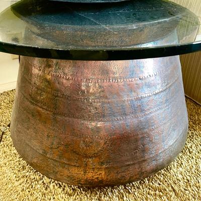 LOT 46  EXTRA LARGE 2 COPPER KETTLES USED AS TABLE BASES - ROUND GLASS TOP 3/4" THICK